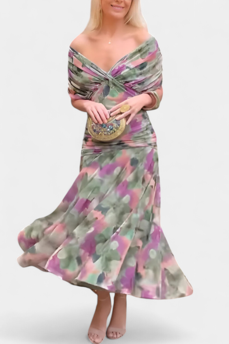 Long Alondra Dress with Floral Print and V-Neck