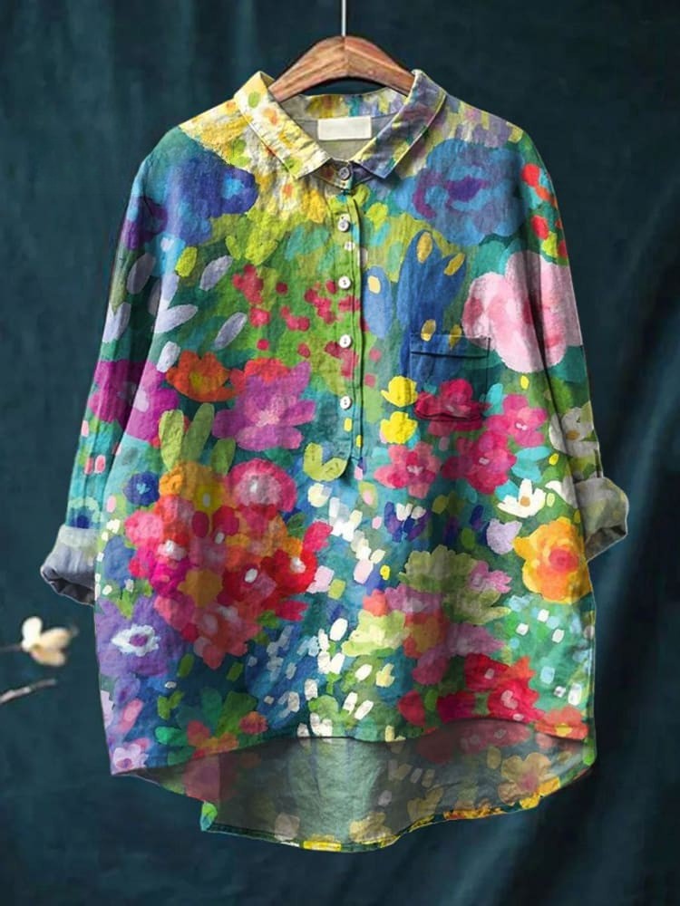 Chemise en Lin Vintage Féminine Imprimé Floral