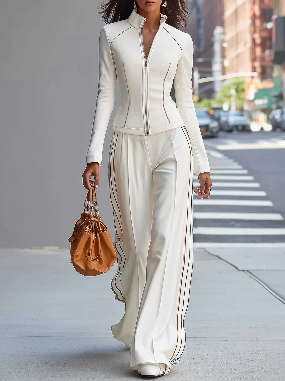 White Stand-Up Collar Zip-Up Wide Pant Set