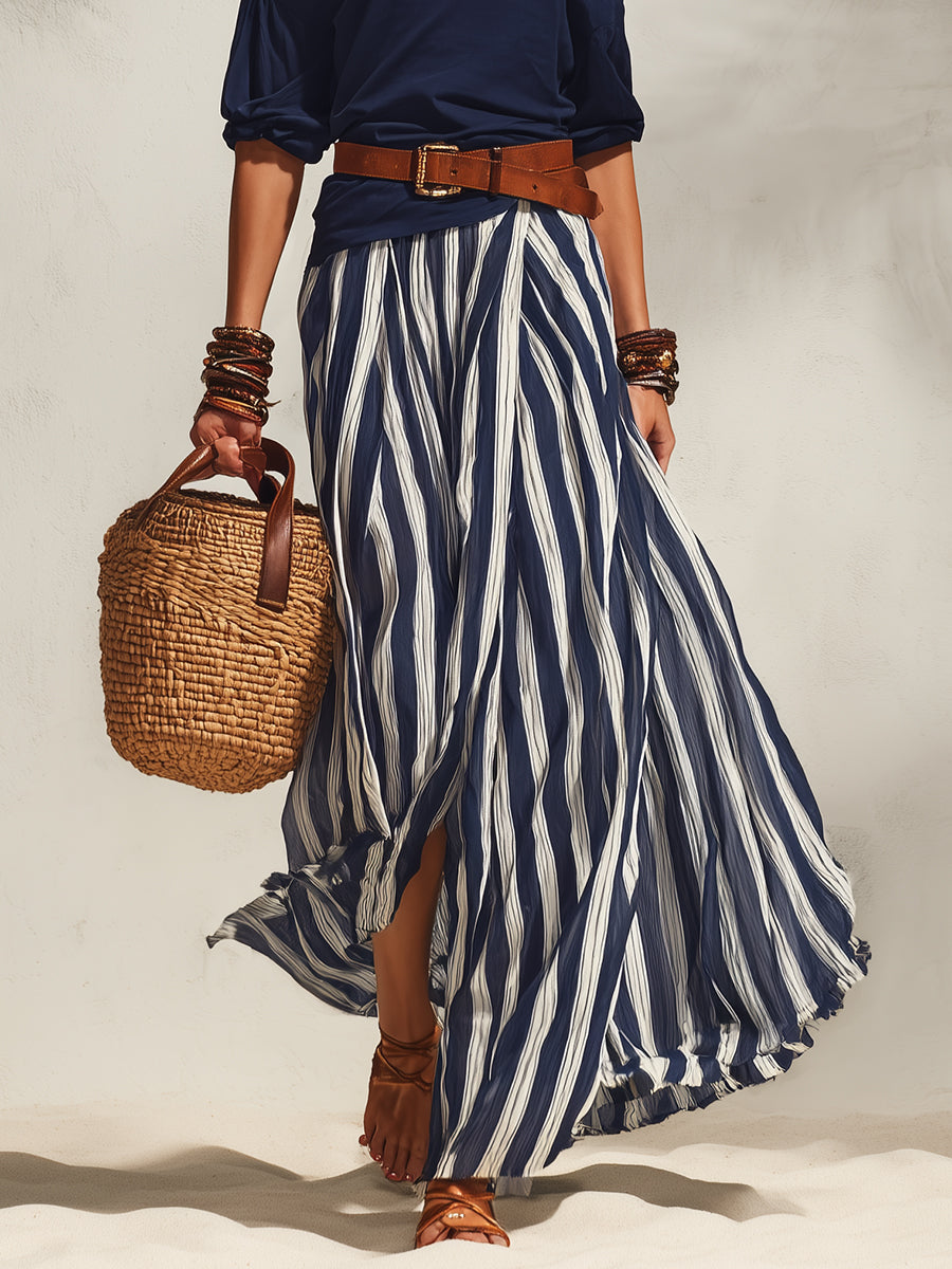 Ensemble Top Off-the-shoulder Bleu Marine et Jupe en Chiffon Rayée Bleu Marine et Blanche avec Fente Style Vacances Nautiques