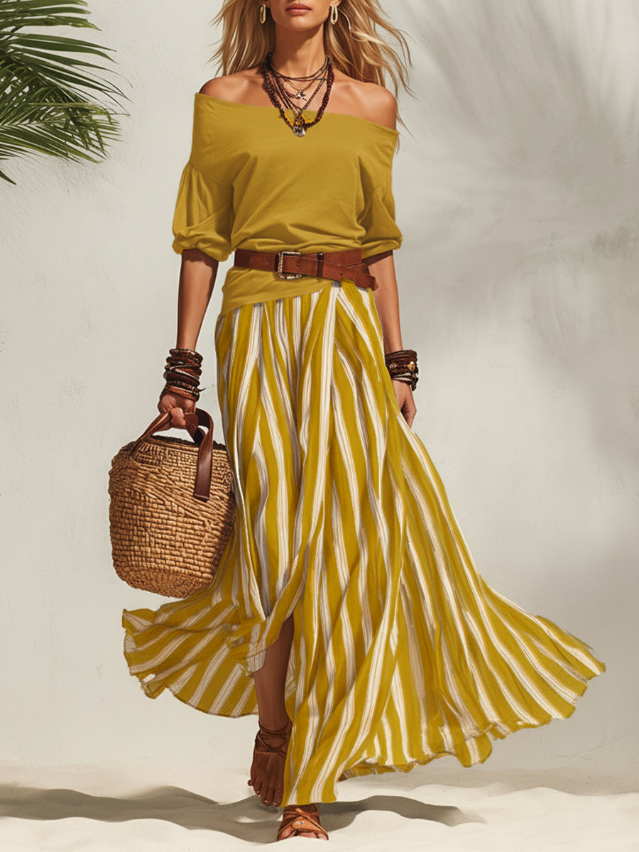 Ensemble Top Off-the-shoulder Bleu Marine et Jupe en Chiffon Rayée Bleu Marine et Blanche avec Fente Style Vacances Nautiques
