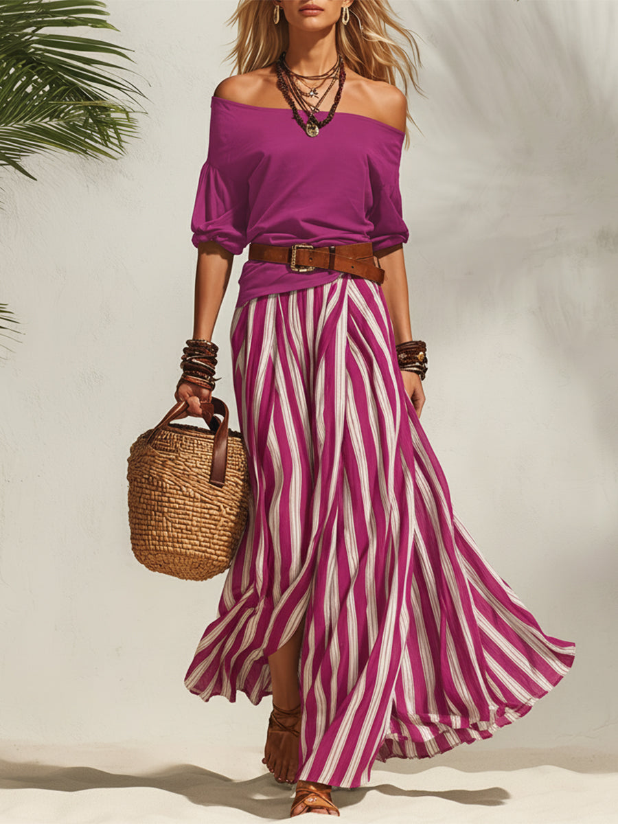 Ensemble Top Off-the-shoulder Bleu Marine et Jupe en Chiffon Rayée Bleu Marine et Blanche avec Fente Style Vacances Nautiques