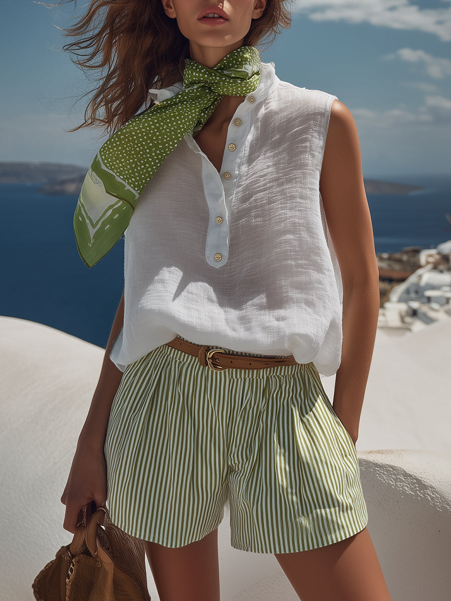 Ensemble de Top Sans Manches en Coton et Lin Blanc Style Méditerranéen et Shorts Rayés Verts