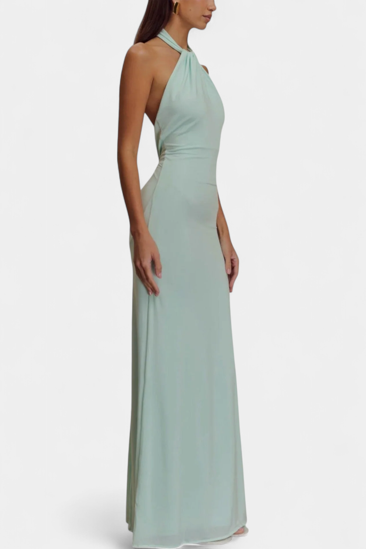 Fitted Halter Trinity Dress with Ruching and Open Back