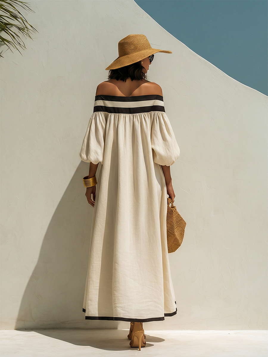 Robe maxi en coton-lin beige, sans épaules et à coupe ample avec des blocs de couleur.