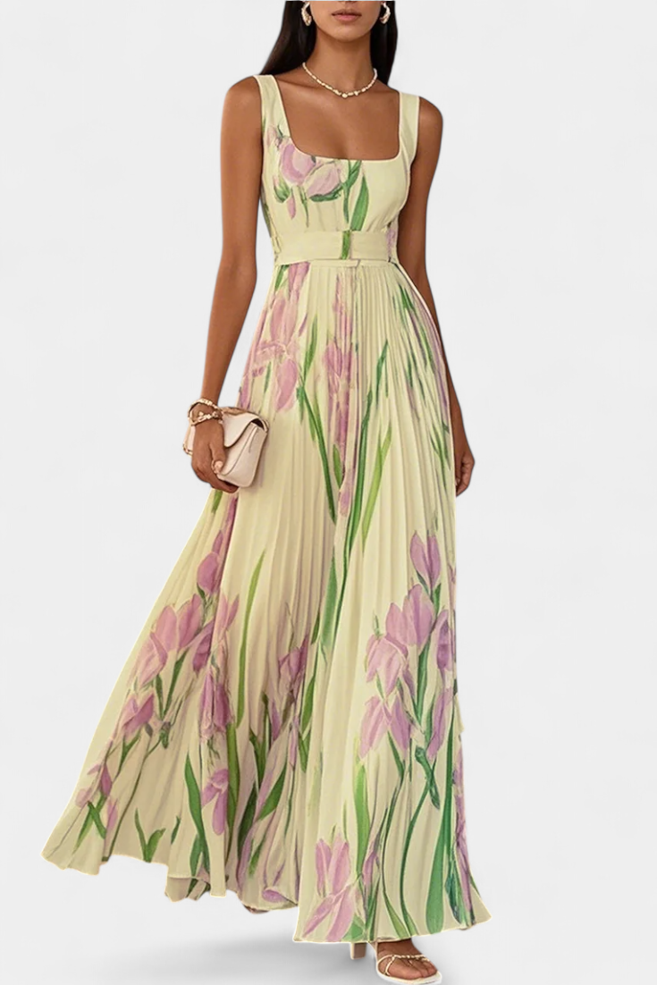 Robe Calanthe Longue Plissée avec Imprimé Floral et Encolure Carrée