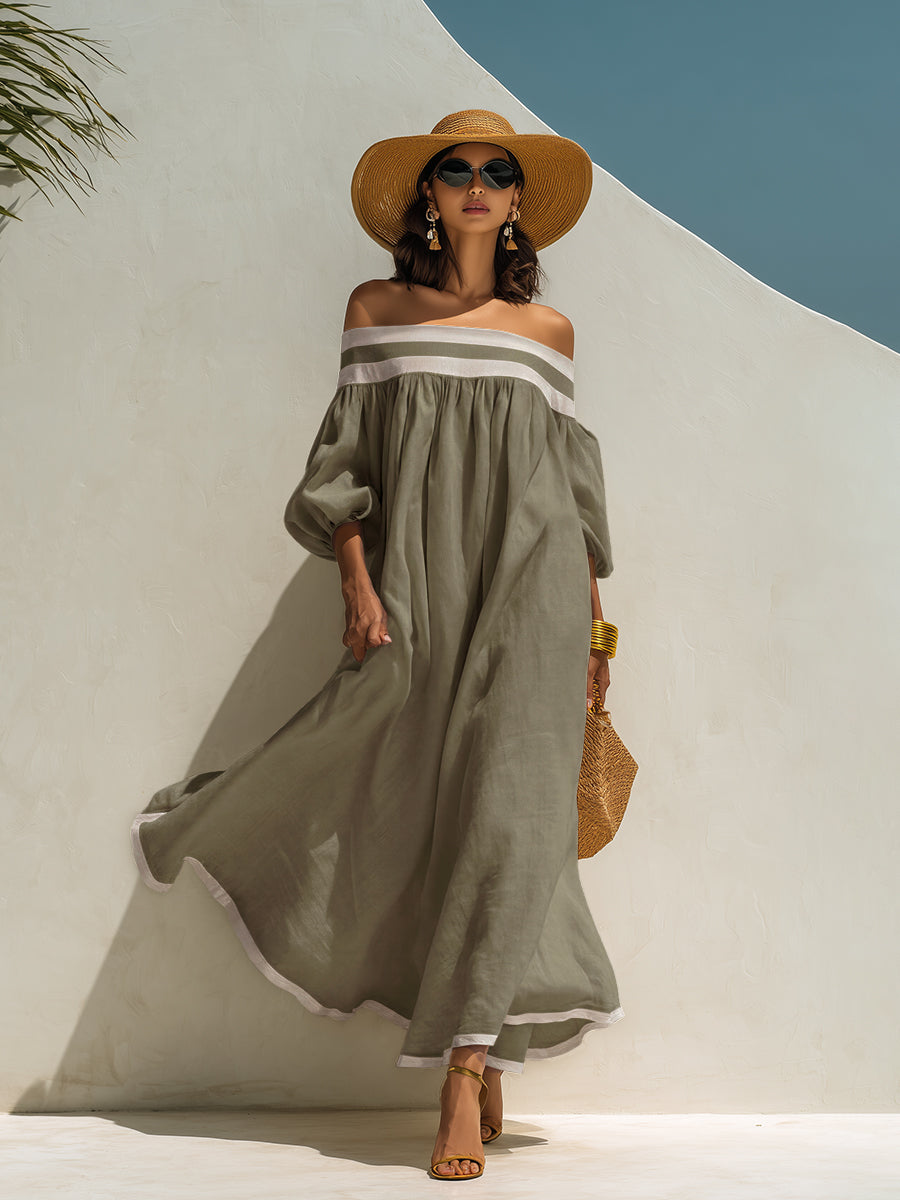 Robe maxi en coton-lin beige, sans épaules et à coupe ample avec des blocs de couleur.