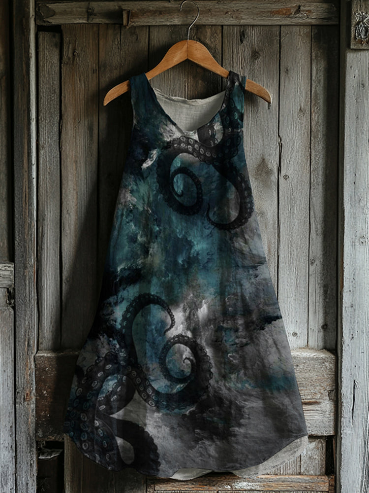 Robe Débardeur en Lin avec Art en Dégradé de Poulpe Japonais