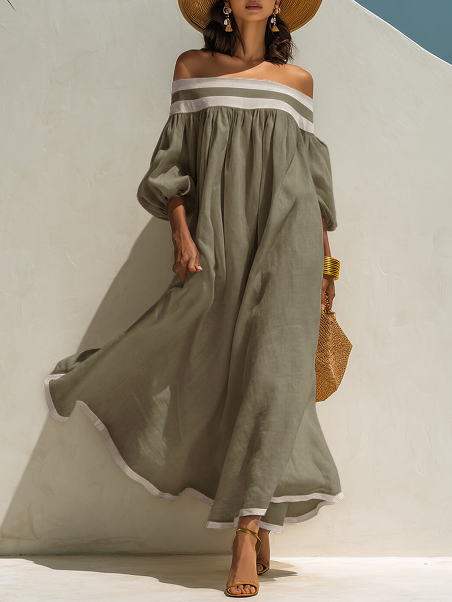 Robe maxi en coton-lin beige, sans épaules et à coupe ample avec des blocs de couleur.