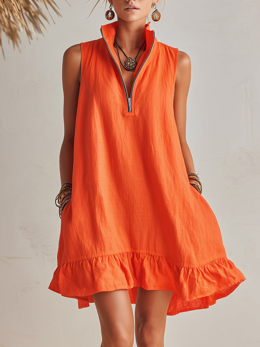Robe mini à mi-zip avec col montant et ourlet à volants en coton et lin orange vibrant