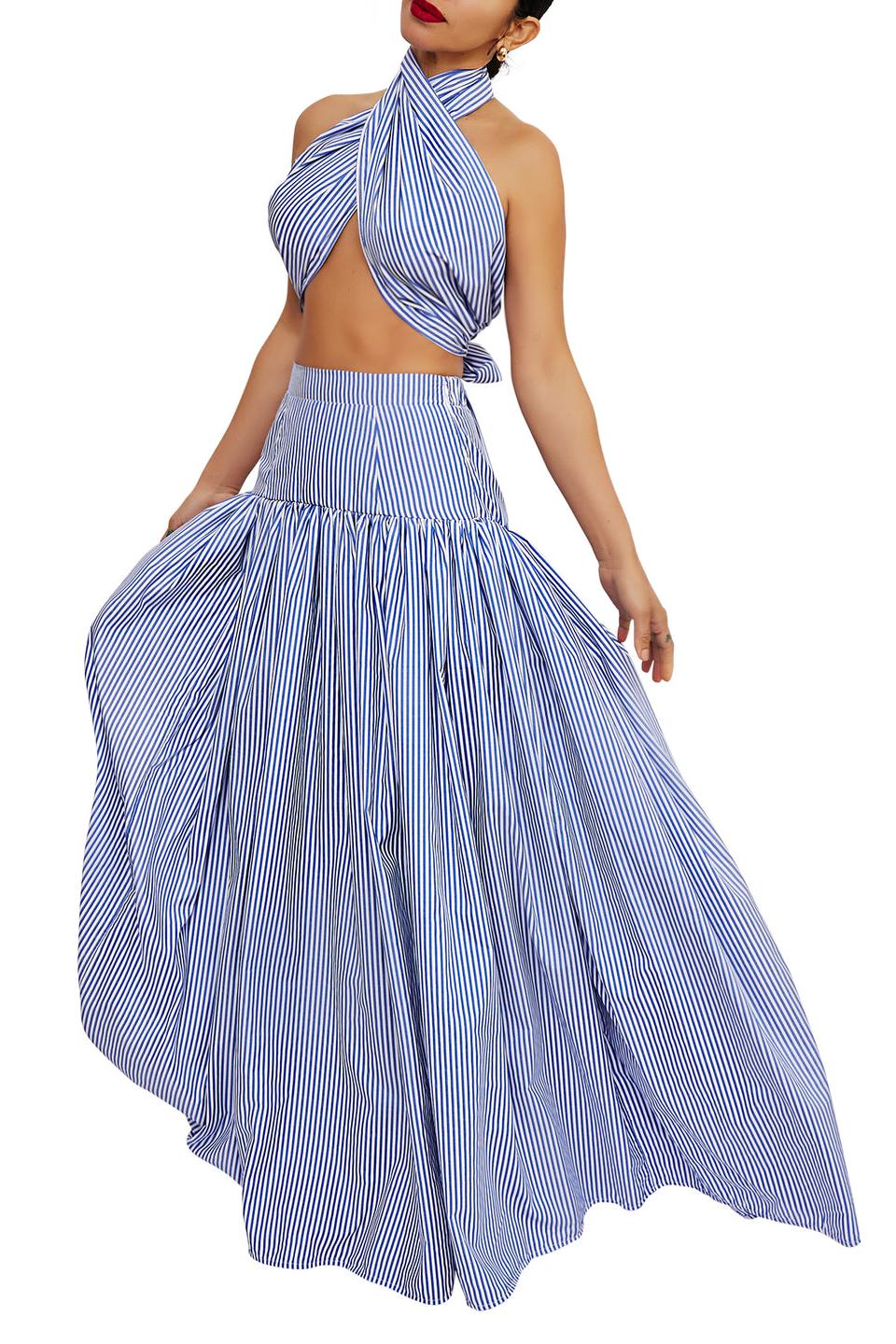Blue Striped Skirt Set