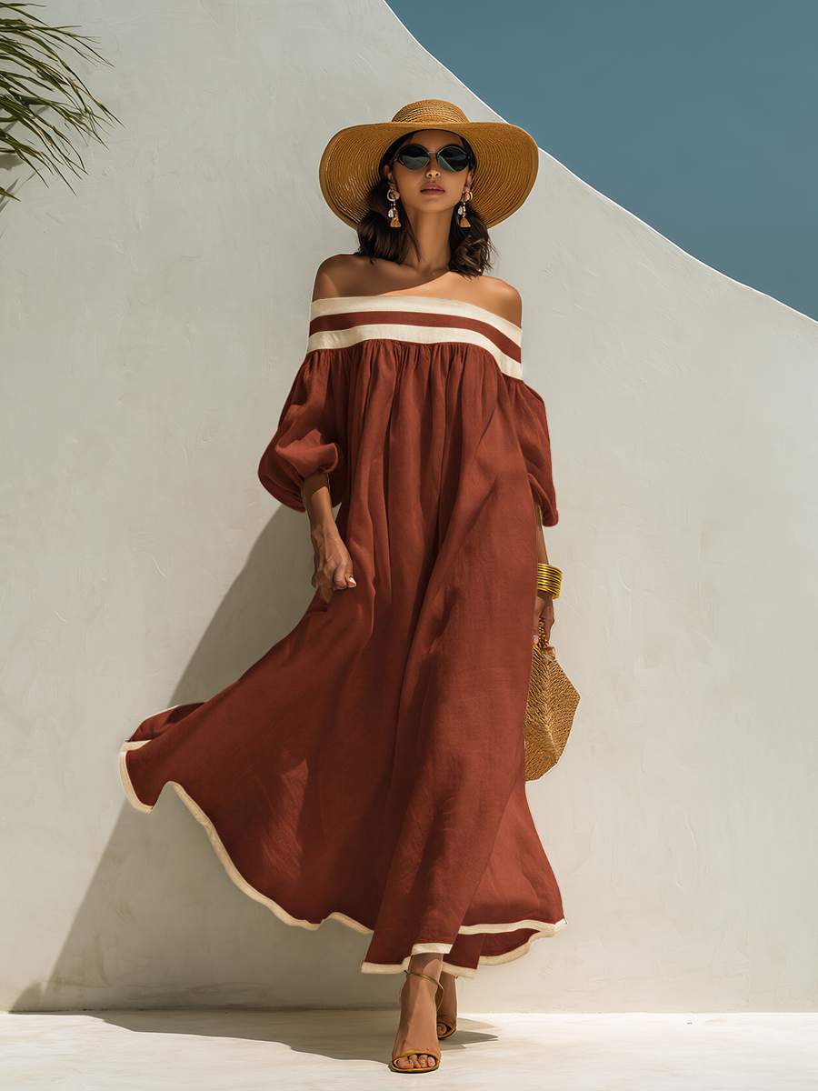 Robe maxi en coton-lin beige, sans épaules et à coupe ample avec des blocs de couleur.