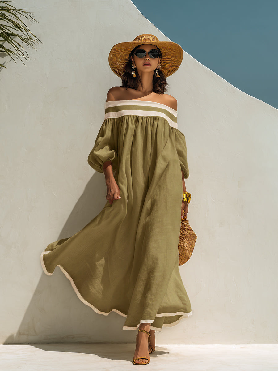 Robe maxi en coton-lin beige, sans épaules et à coupe ample avec des blocs de couleur.