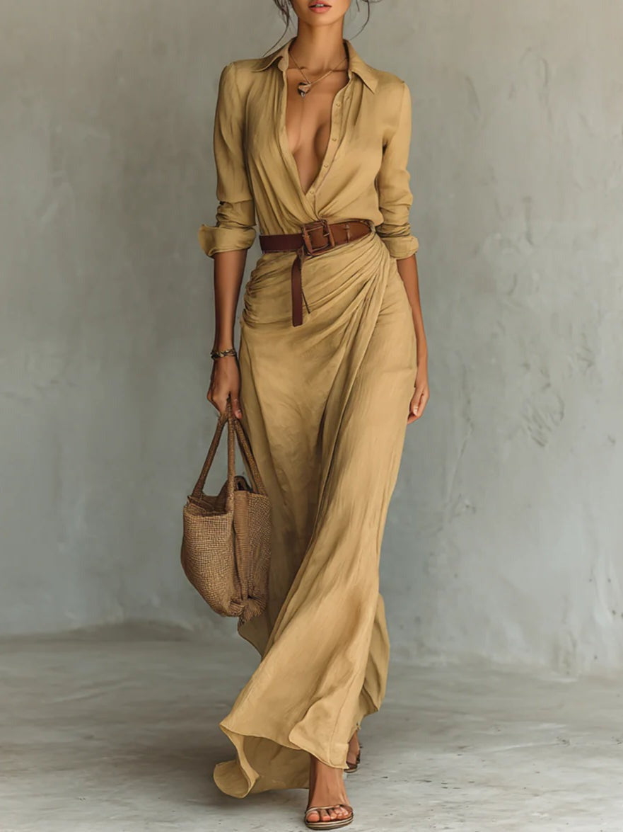 Long dress with belt, long sleeves, and lapels