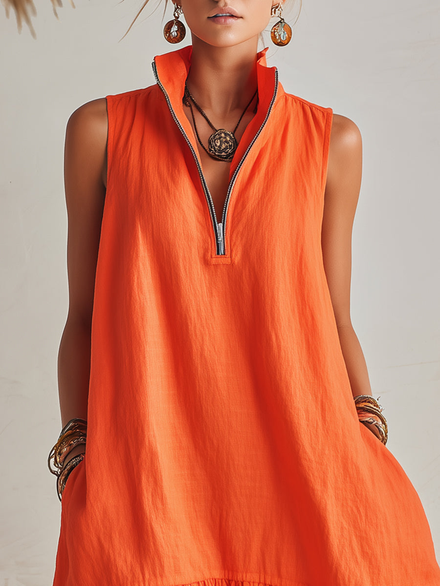 Robe mini à mi-zip avec col montant et ourlet à volants en coton et lin orange vibrant