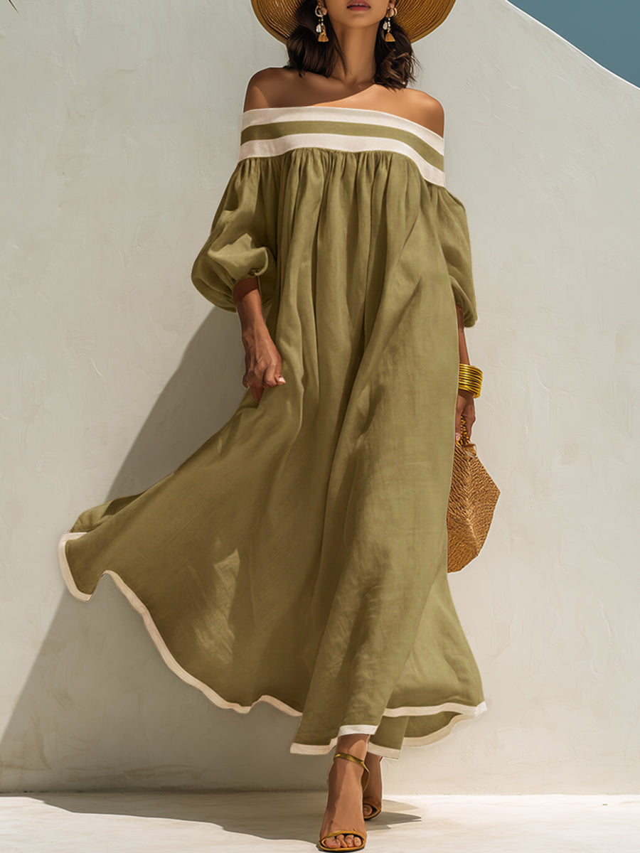 Robe maxi en coton-lin beige, sans épaules et à coupe ample avec des blocs de couleur.