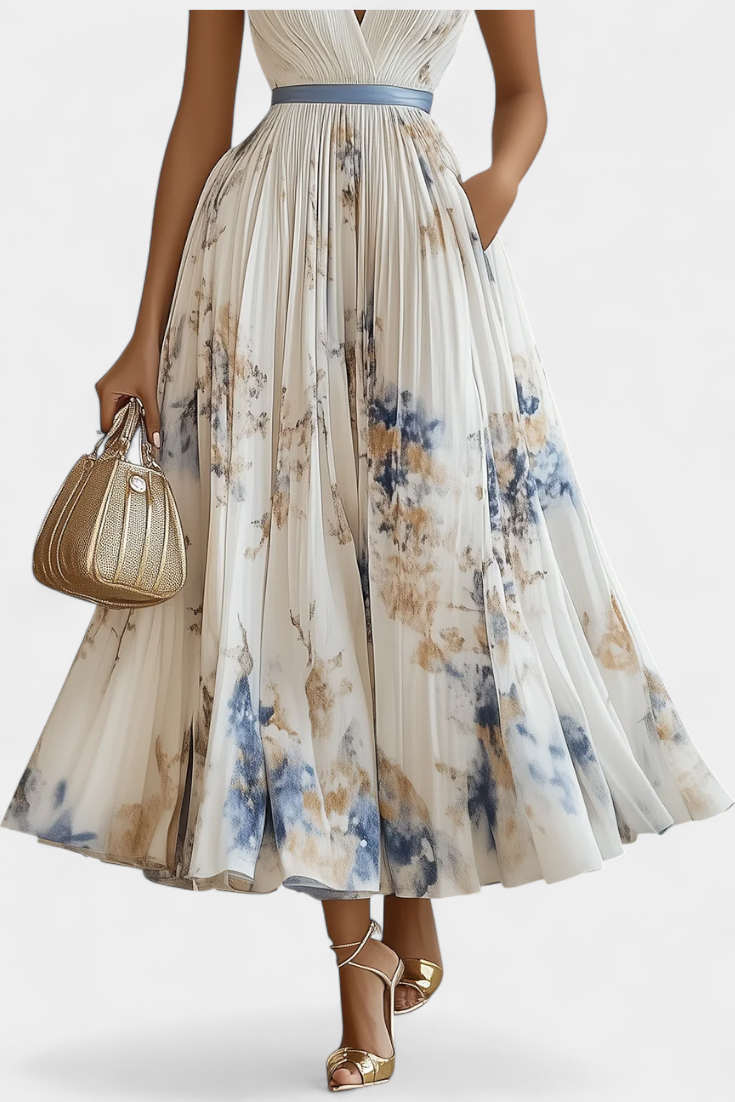 Elise Sleeveless Midi Dress with Floral Print and Pleats