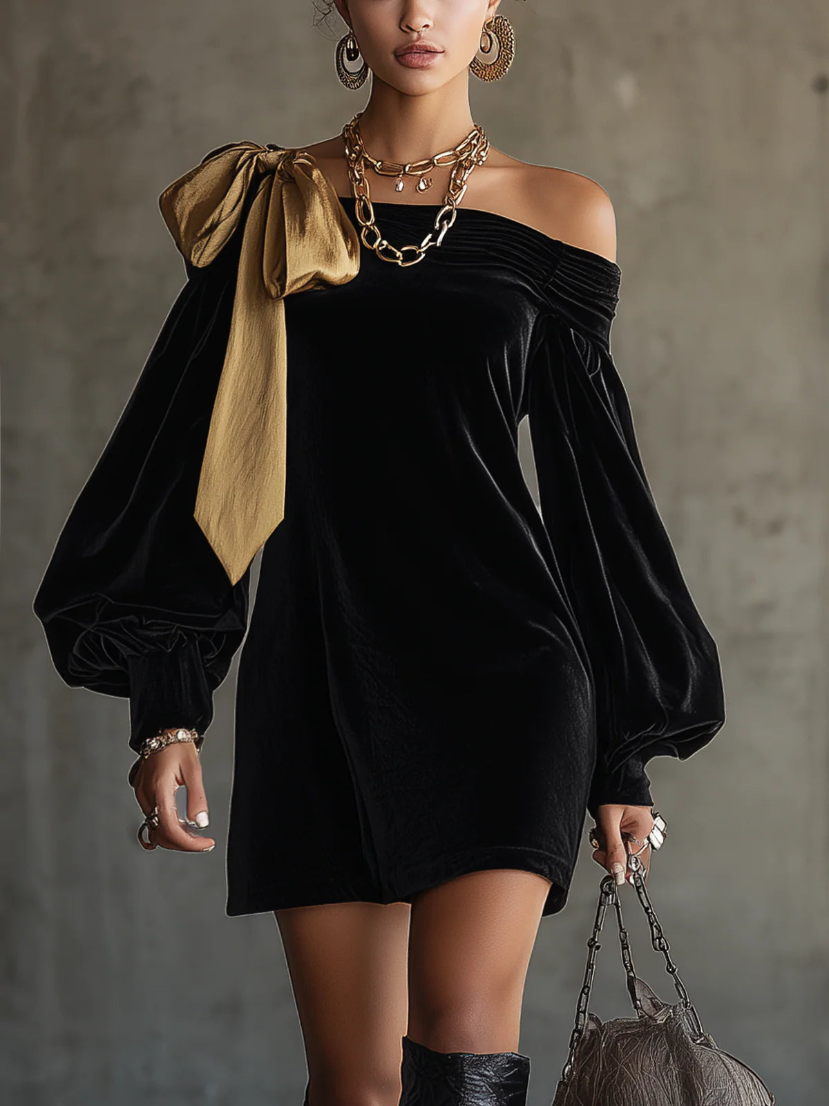 Robe Mini Off-Shoulder en Velours Noir et Satin Doré Patchwork