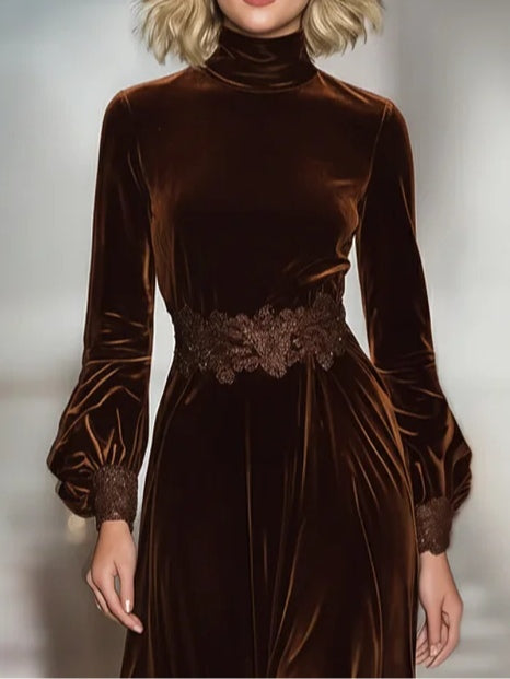 Robe Maxi en Velours avec Détails en Dentelle et Manches Bouffantes