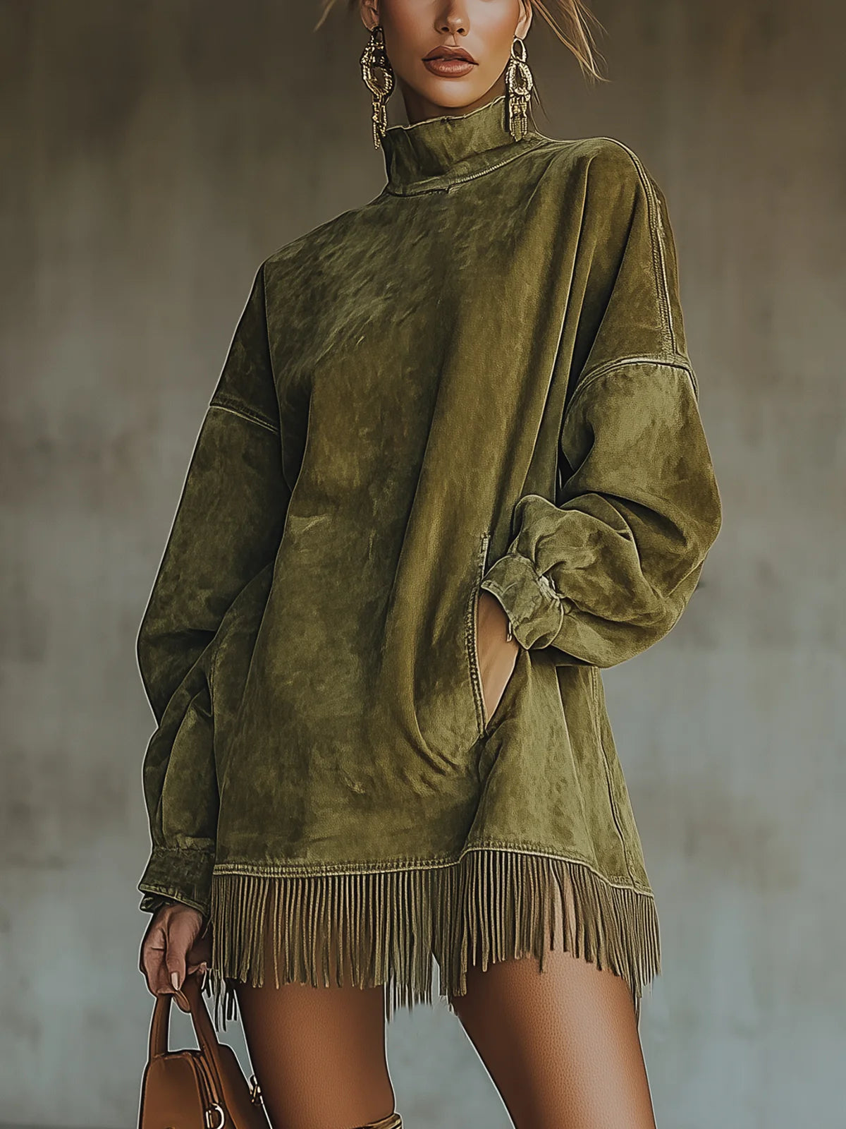 Darcie | Robe en Suède avec Franges et Col Roulé