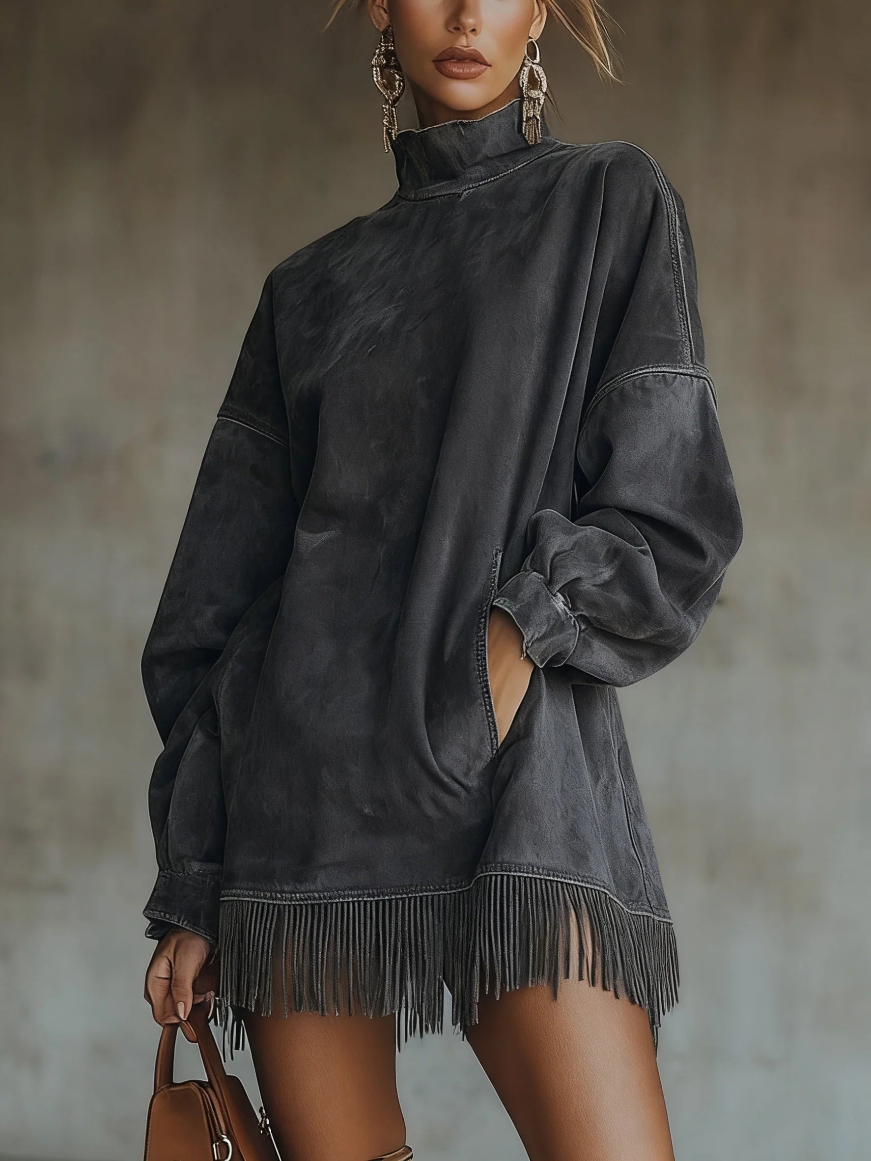 Darcie | Robe en Suède avec Franges et Col Roulé