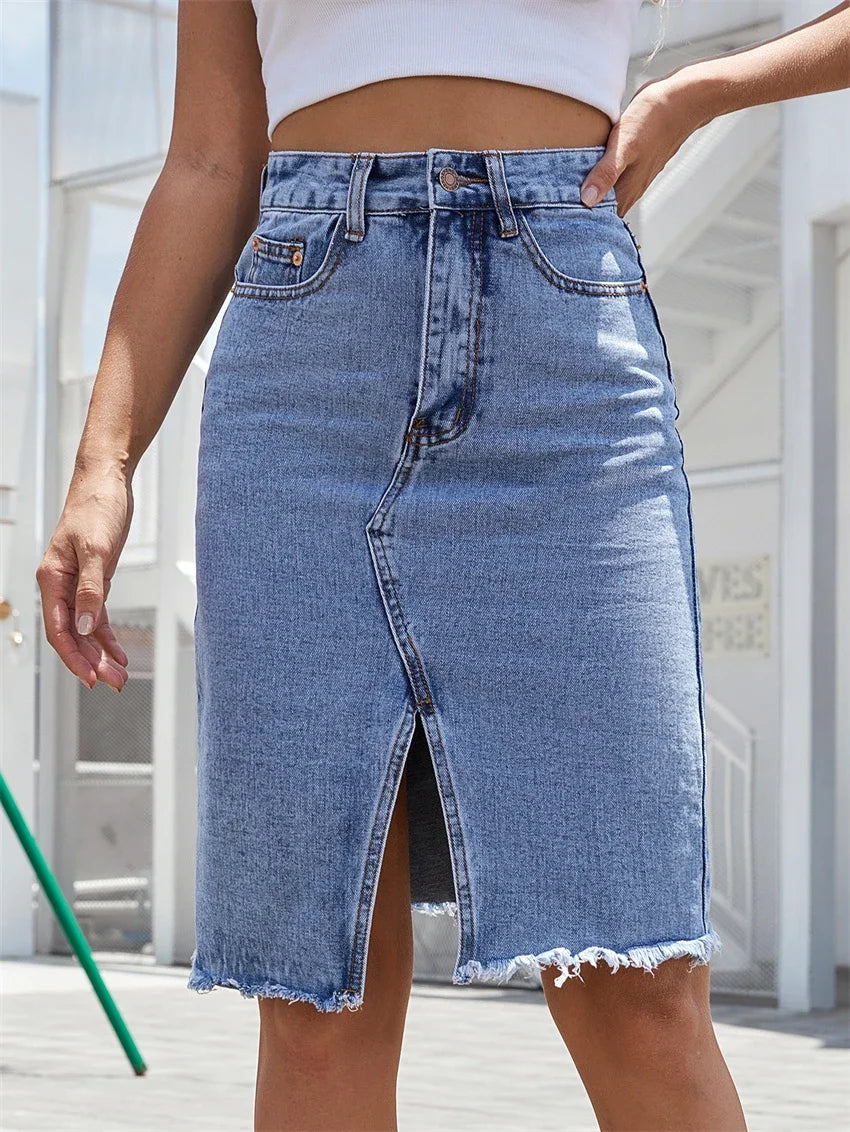 GISELE™ – Jupe Midi Dénim Fendue Décontractée