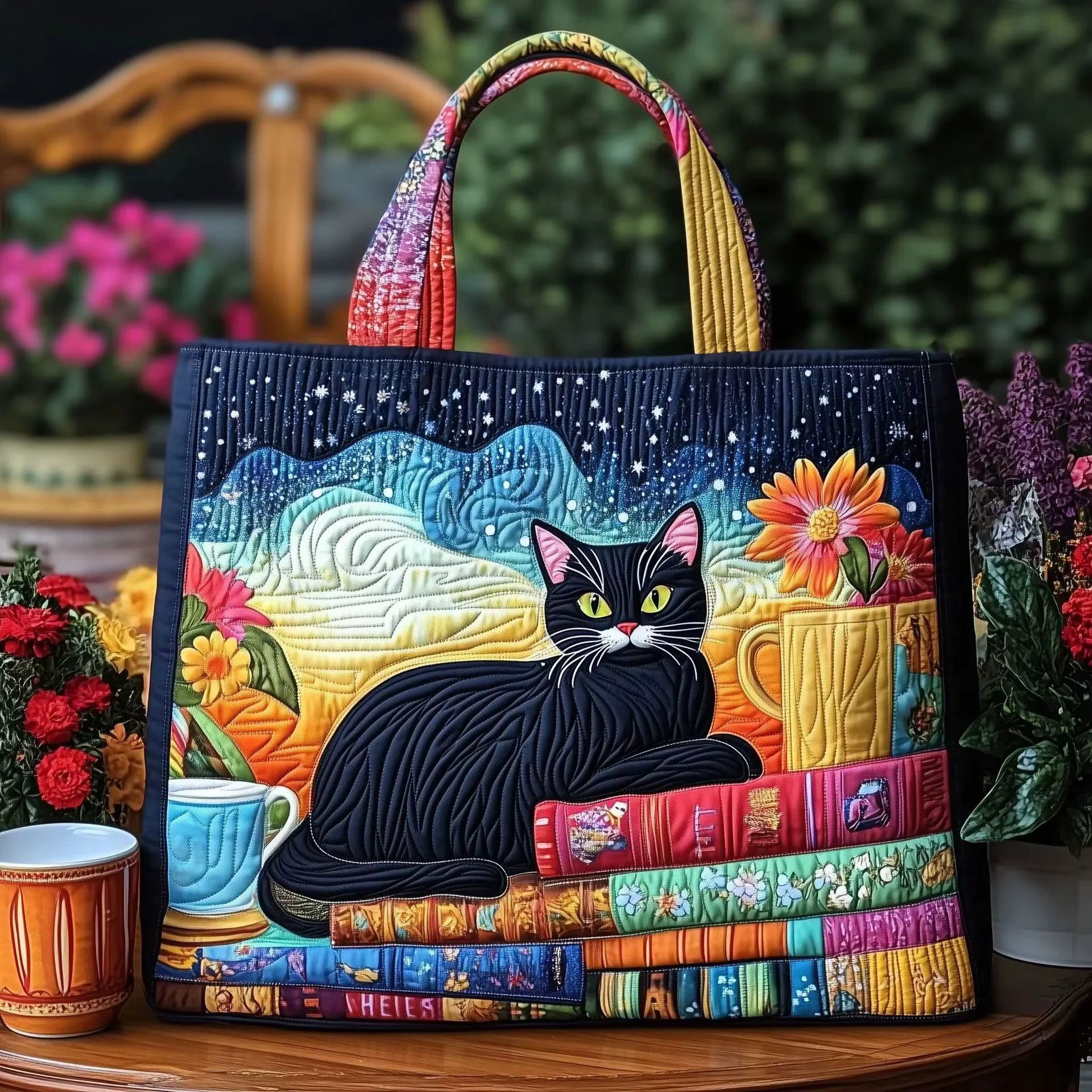 Sac Artisanal Matelassé - Chat Noir Étoilé
