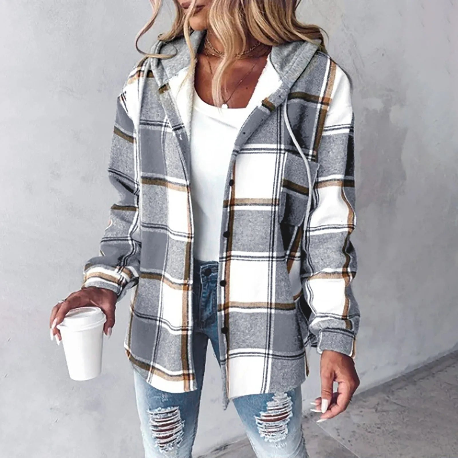 PAIGE™ - Veste à Capuche à Carreaux Chic à Manches Longues