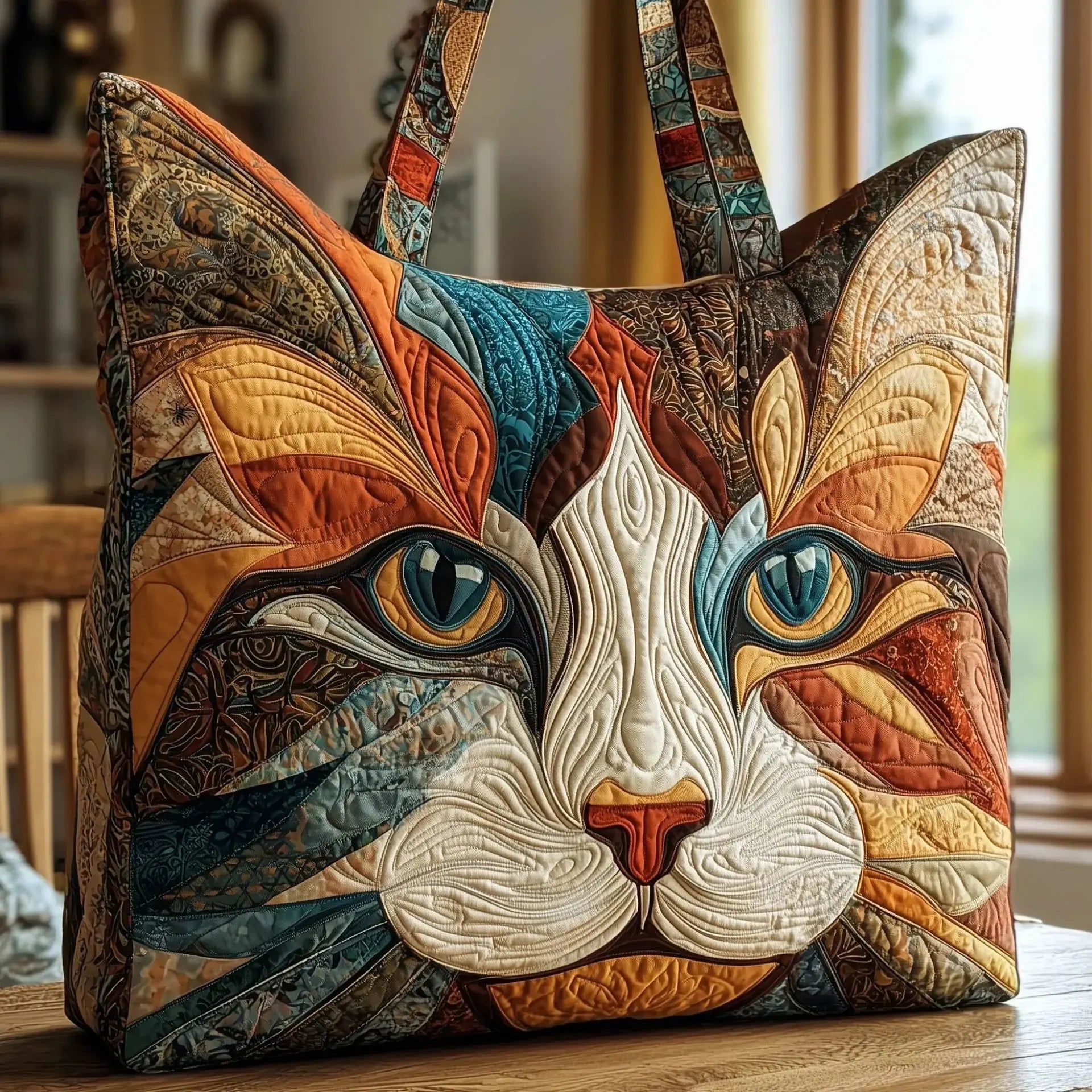 Sac Artisanal Matelassé - Portrait de Chat Patchwork