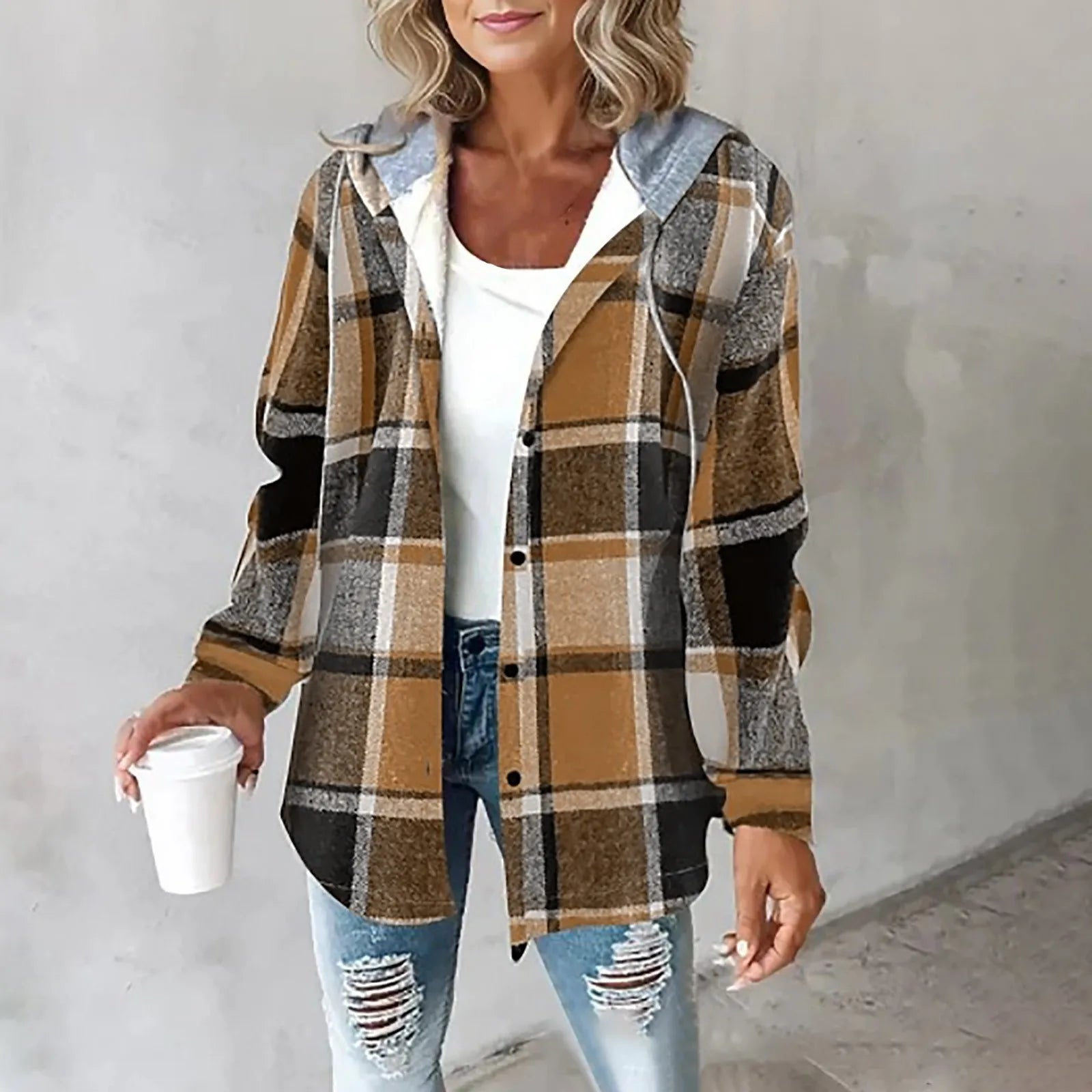 PAIGE™ - Veste à Capuche à Carreaux Chic à Manches Longues
