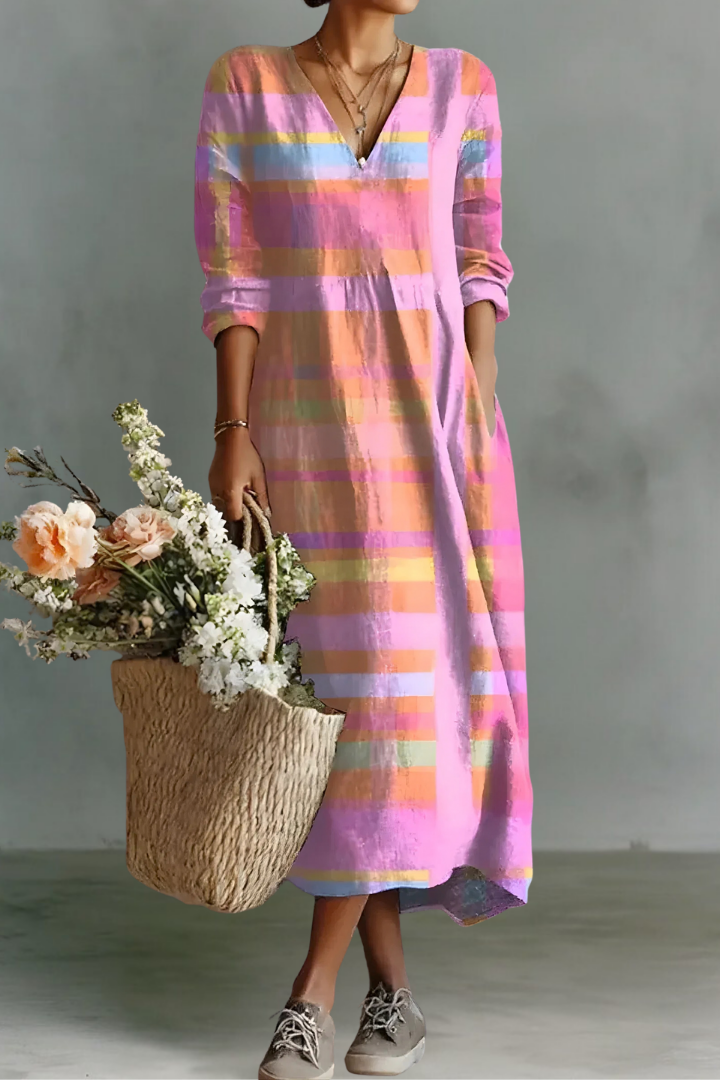 Raquel | Robe Longue à Manches Longues en Lin avec Décolleté en V