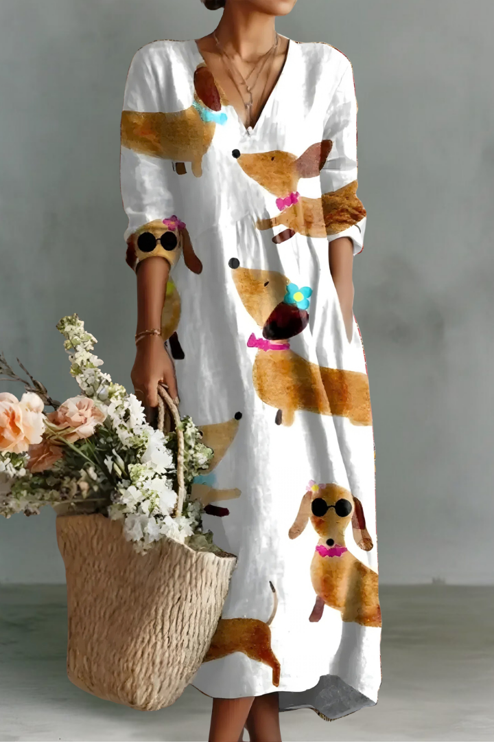 Mia | Robe Longue à Manches Longues en Lin avec Col en V