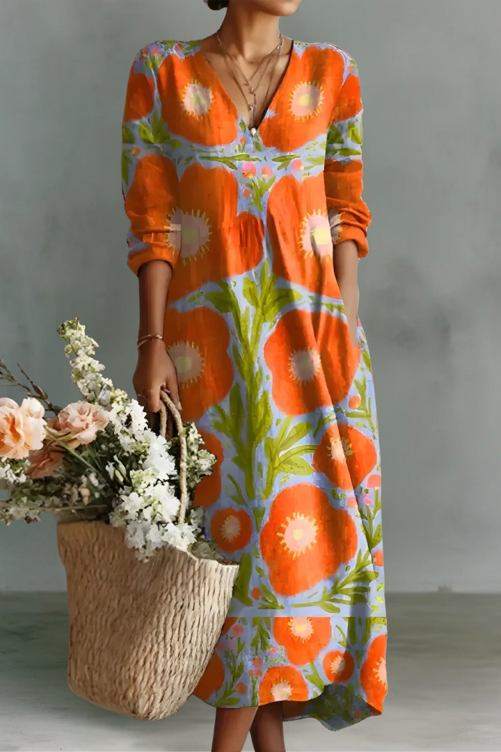 Lucy | Robe Longue à Manches Longues en Lin avec Décolleté en V