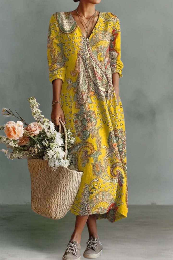Gemma | Robe en lin à manches longues et décolleté en V