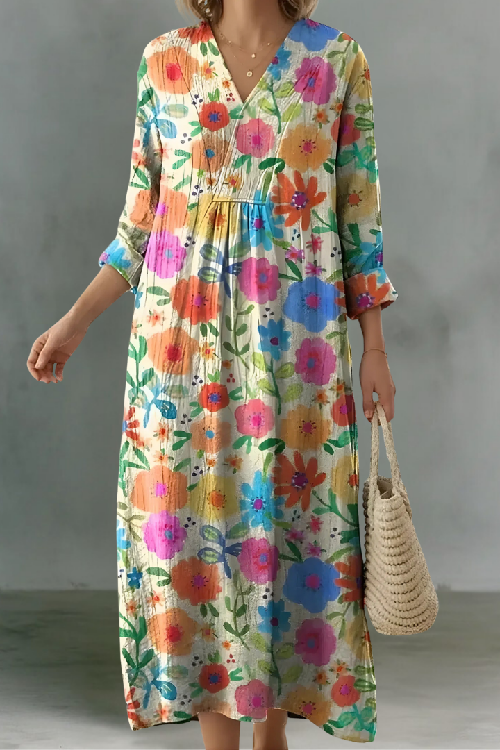 Soline | Robe Longue à Manches Longues en Lin avec Décolleté en V