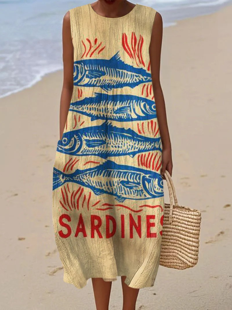 Women's Vintage Fish Art Print Sleeveless Pocket Wrap Dress