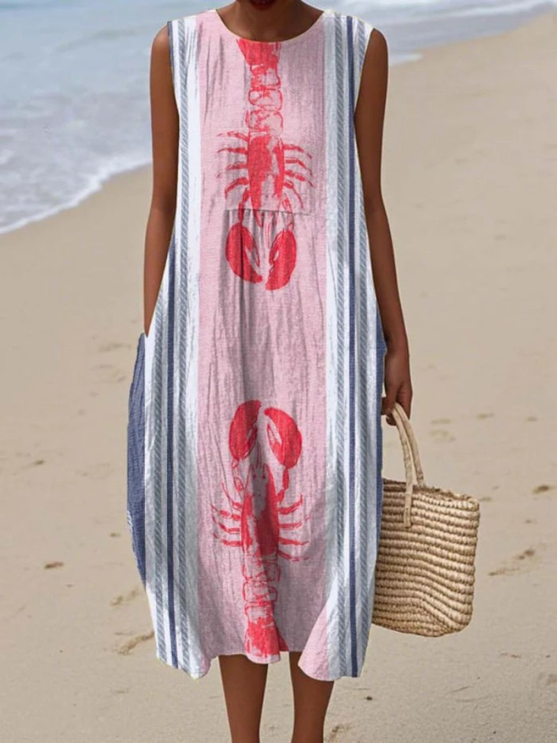Women's Lovely Lobster Art Print Sleeveless Pocket Wrap Dress