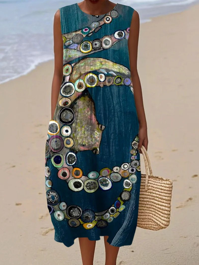 Women's Vintage Octopus Art Print Sleeveless Pocket Wrap Dress