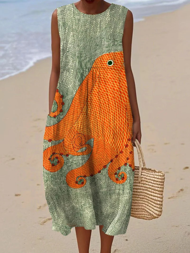 Women's Vintage Octopus Art Print Sleeveless Pocket Wrap Dress