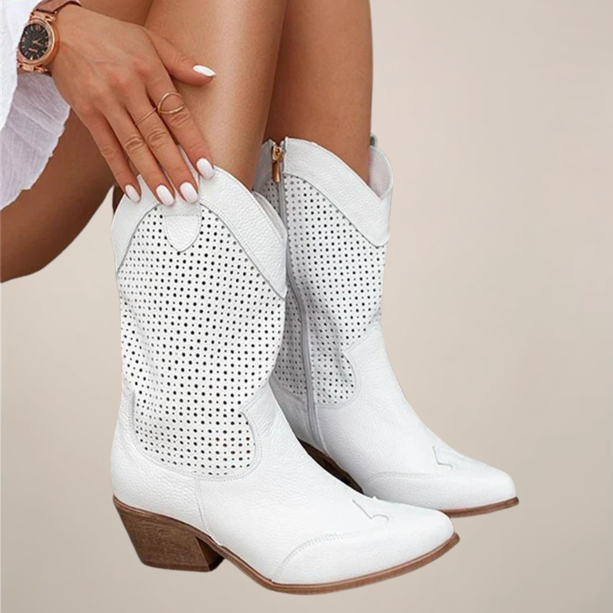 Bottes western perforées pour femmes mi-mollet