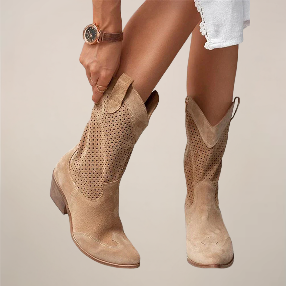 Bottes western perforées pour femmes mi-mollet