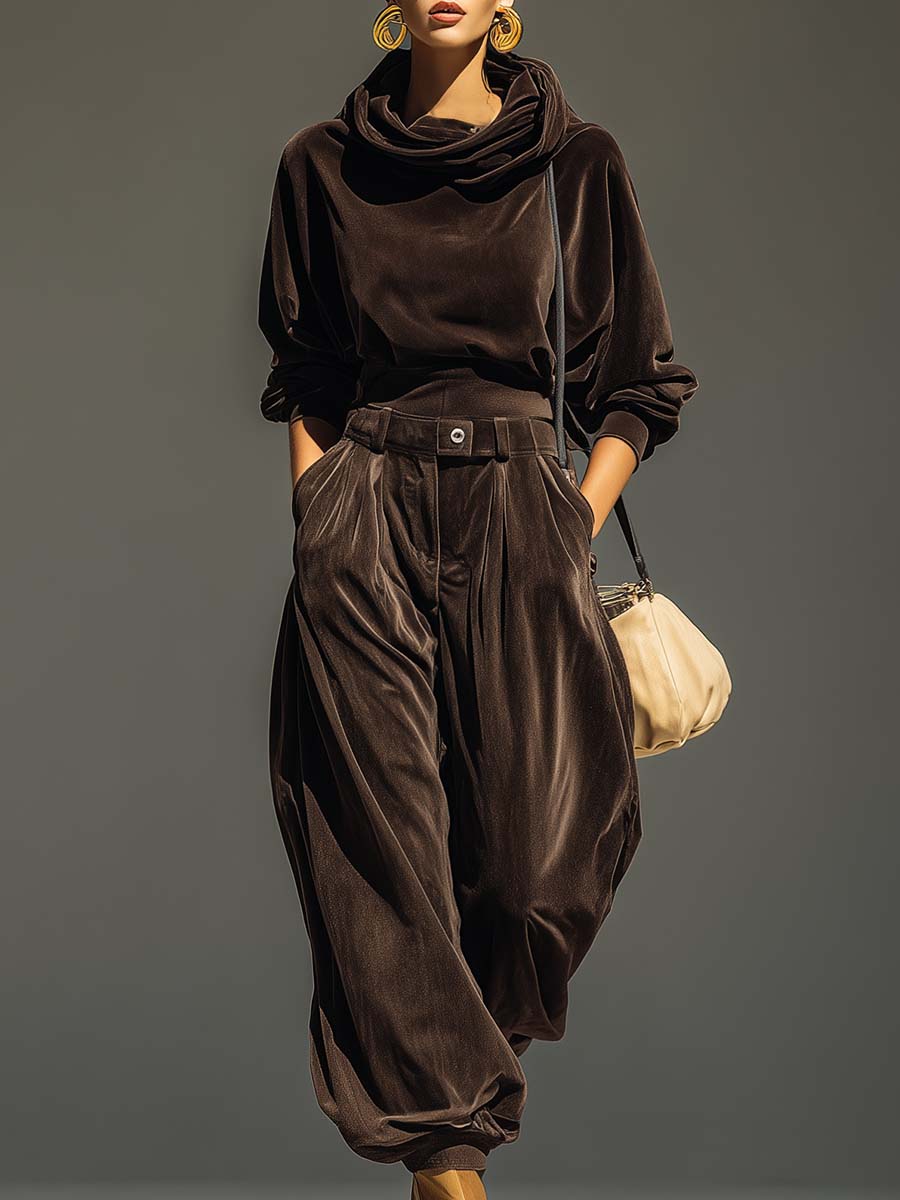 Ensemble de hoodie en velours brun vintage et pantalon ample (comprend une ceinture)