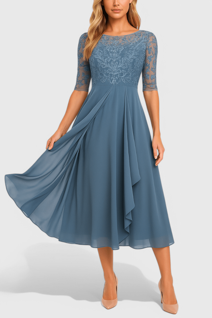 Abby | Robe Midi à Encolure Illusion Brodée
