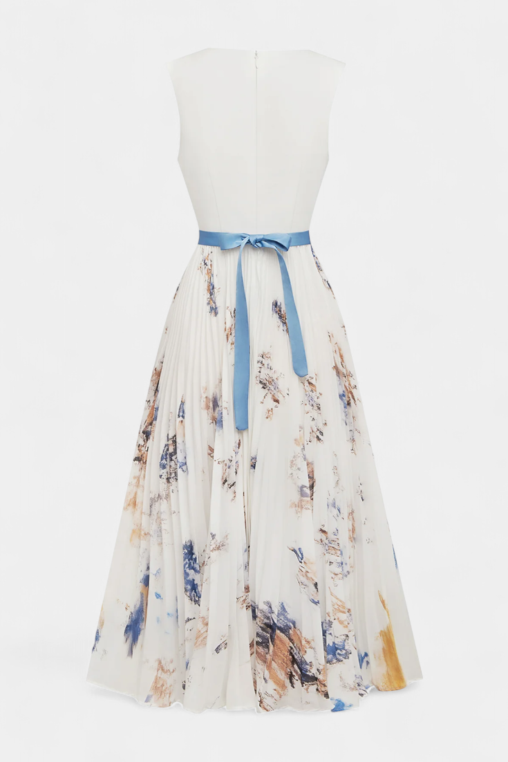 Elise Sleeveless Midi Dress with Floral Print and Pleats