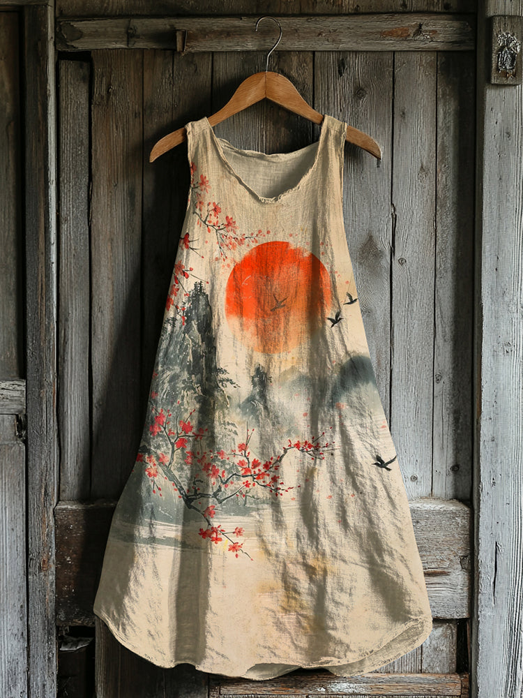Robe Débardeur en Lin Art Vintage de Paysage Japonais avec Oiseaux et Fleurs de Cerisier