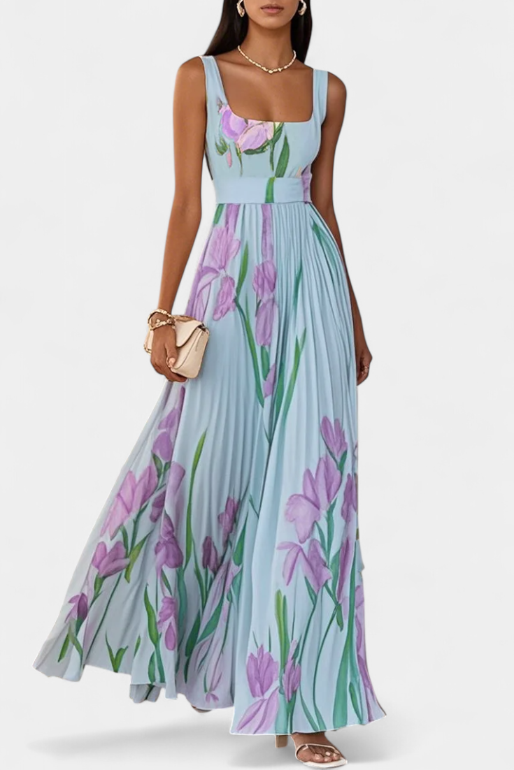 Robe Calanthe Longue Plissée avec Imprimé Floral et Encolure Carrée