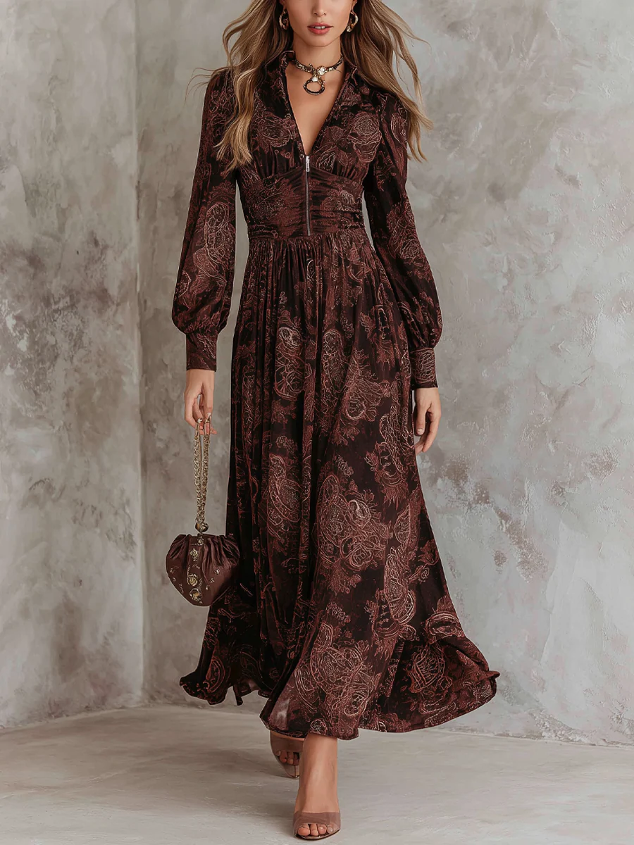 Marlene | Midi Dress with Paisley Print and Zipper in the Neckline