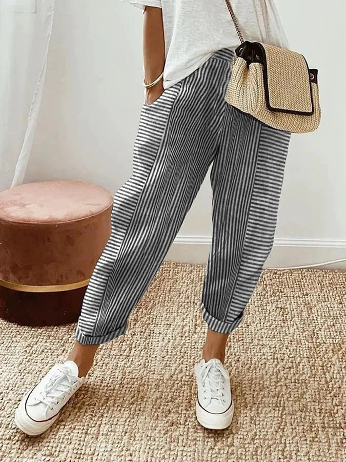 Celia - Pantalon en Coton Rayé Classique