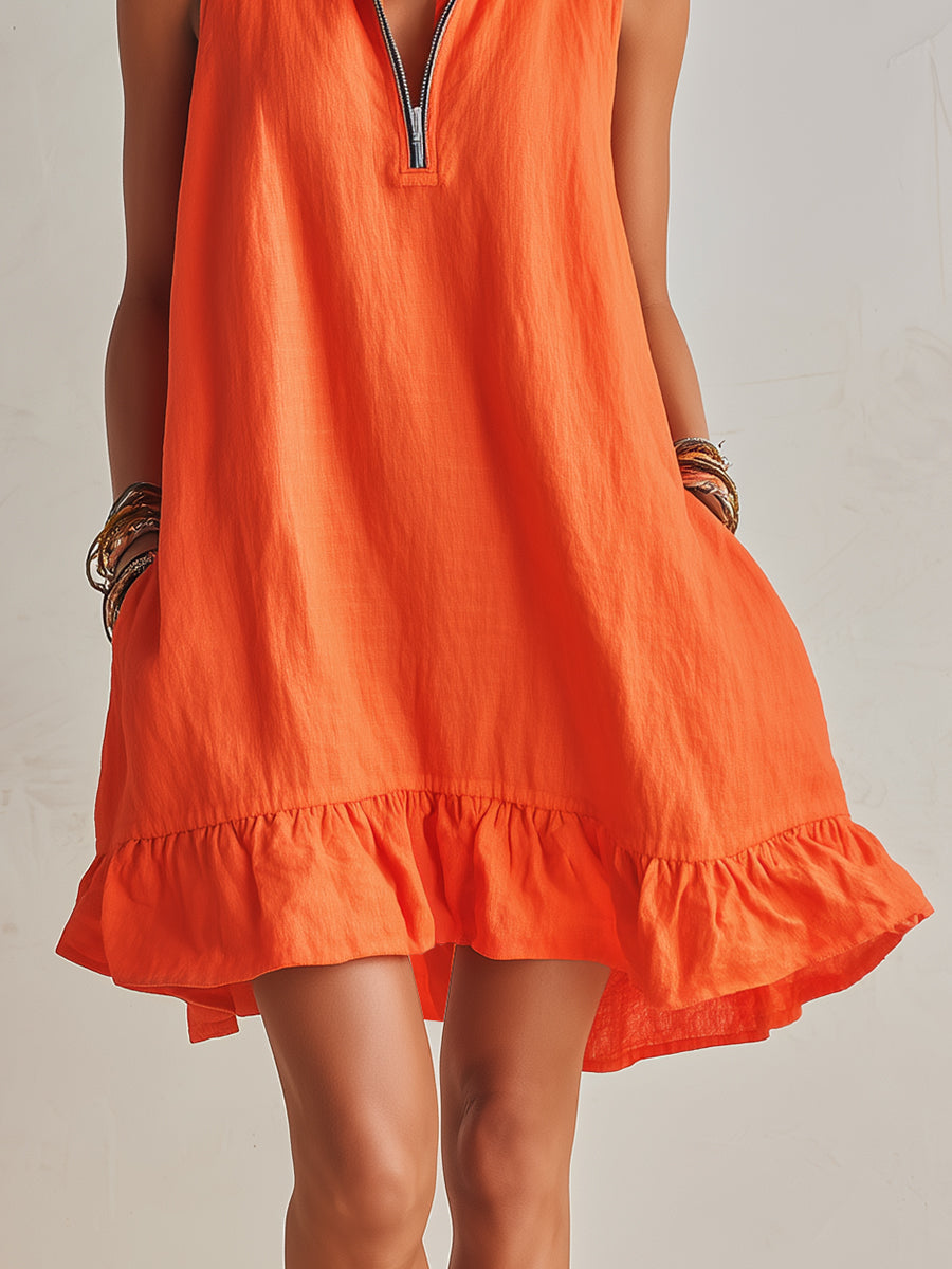 Robe mini à mi-zip avec col montant et ourlet à volants en coton et lin orange vibrant