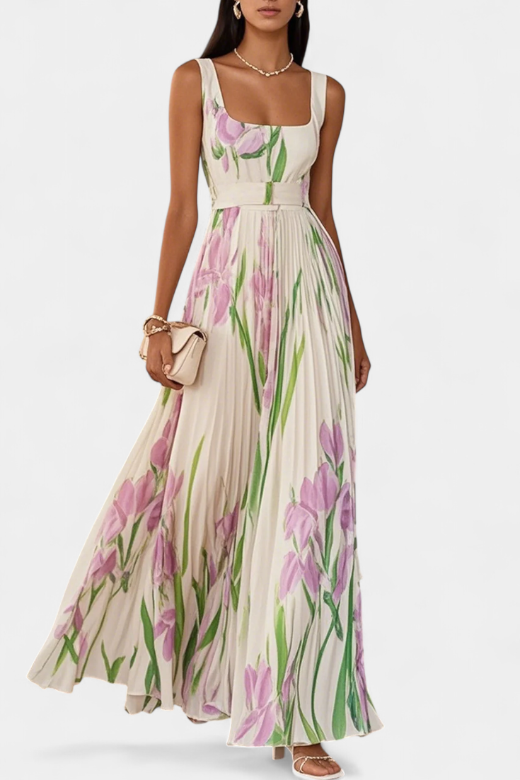 Robe Calanthe Longue Plissée avec Imprimé Floral et Encolure Carrée